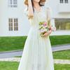 Tea break French V-neck tied waist, bubble sleeves, printed seaside vacation style dress