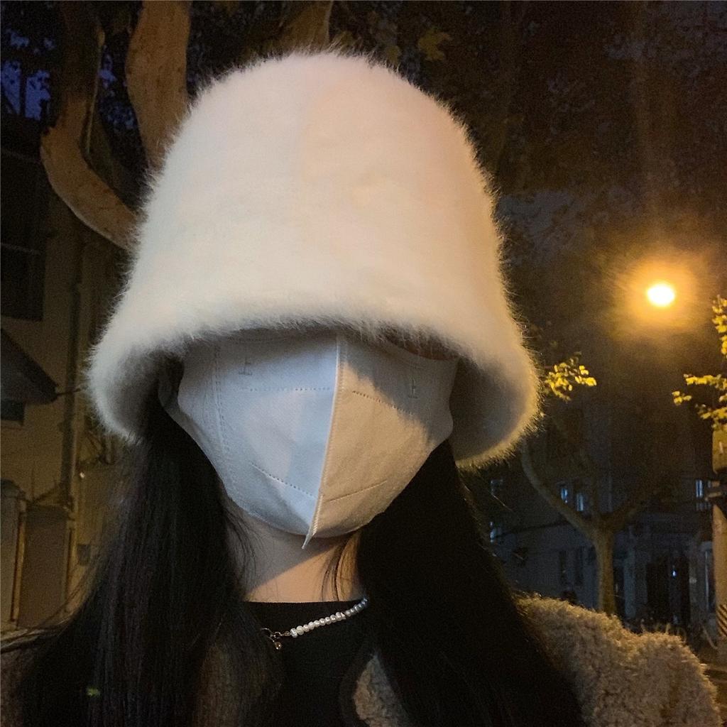 Japanese Style Retro Versatile Face Cover Rabbit Fur Bucket Hat for Women Korean Autumn and Winter Warm Fisherman Hat  Ins Headwear
