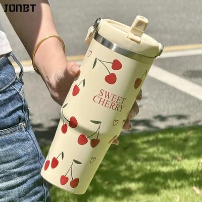 30oz Isolierter Edelstahlbecher Auto Eiskaffee Thermosbecher Tragbarer Griff Strohhalm Wasserflasche für Fitnessstudio Reisen Trinkgeschirr