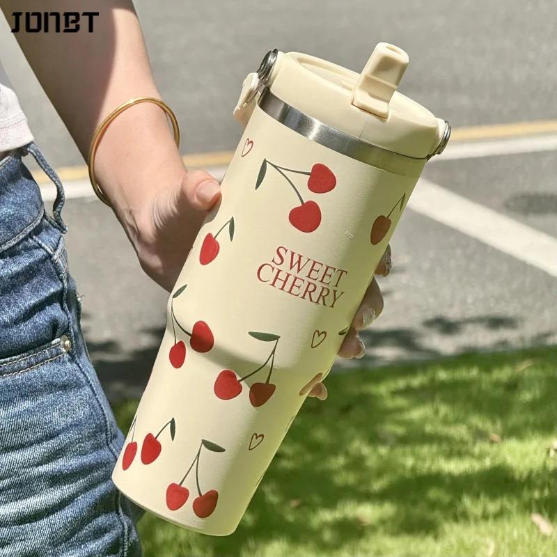 30oz Insulated Stainless Steel Tumbler Car Iced Coffee Thermos Cup Portable Handle Straw Water Bottle for Gym Travel Drinkware