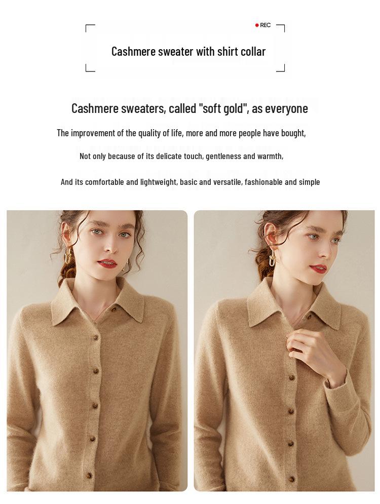 Damstickad tröja med polokrage i kashmir, koreansk stil