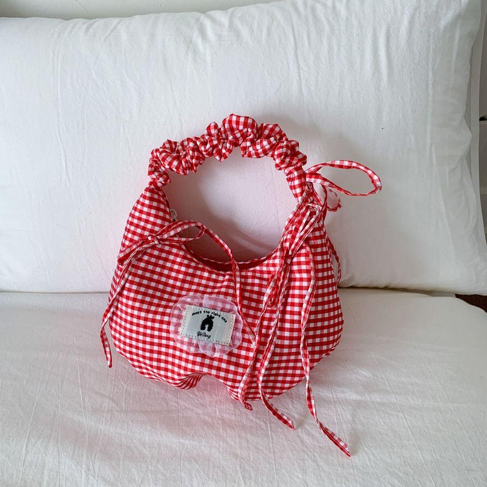 Pleated Bow Shoulder Bag Ruffles Underarm Bag All Match Plaid Armpit Bag  Handbags