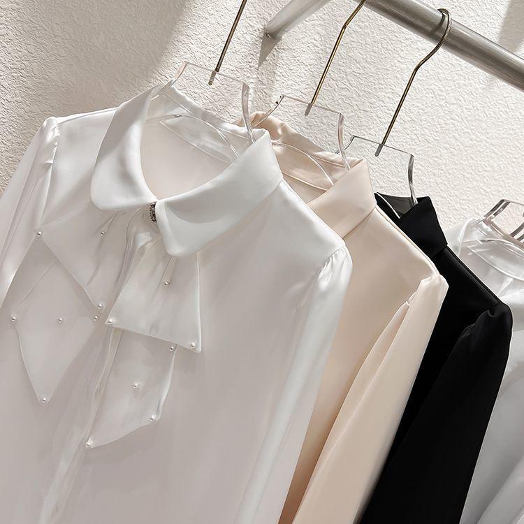 2024 Koreanischer Stil Rüschen Perlenbesetztes Revers Langarm Chiffon Top für Damen