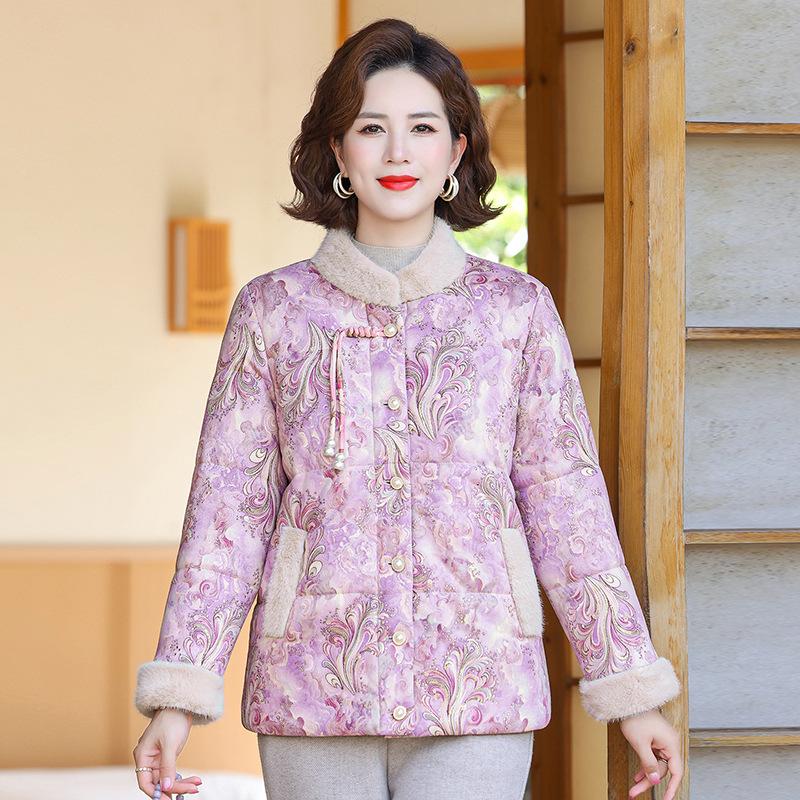 2025 New Floral Chinese Style Thickened Cotton Jacket for Elderly Women - Warm Winter Outerwear with Velvet