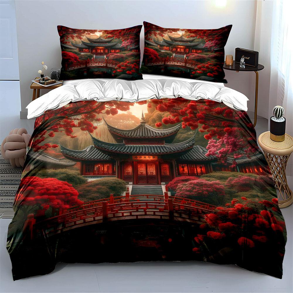 Classical Courtyard With Red Bridge Duvet Cover Set With 3D Printing Design Soft Polyester Bedding Set All-Season Comfort