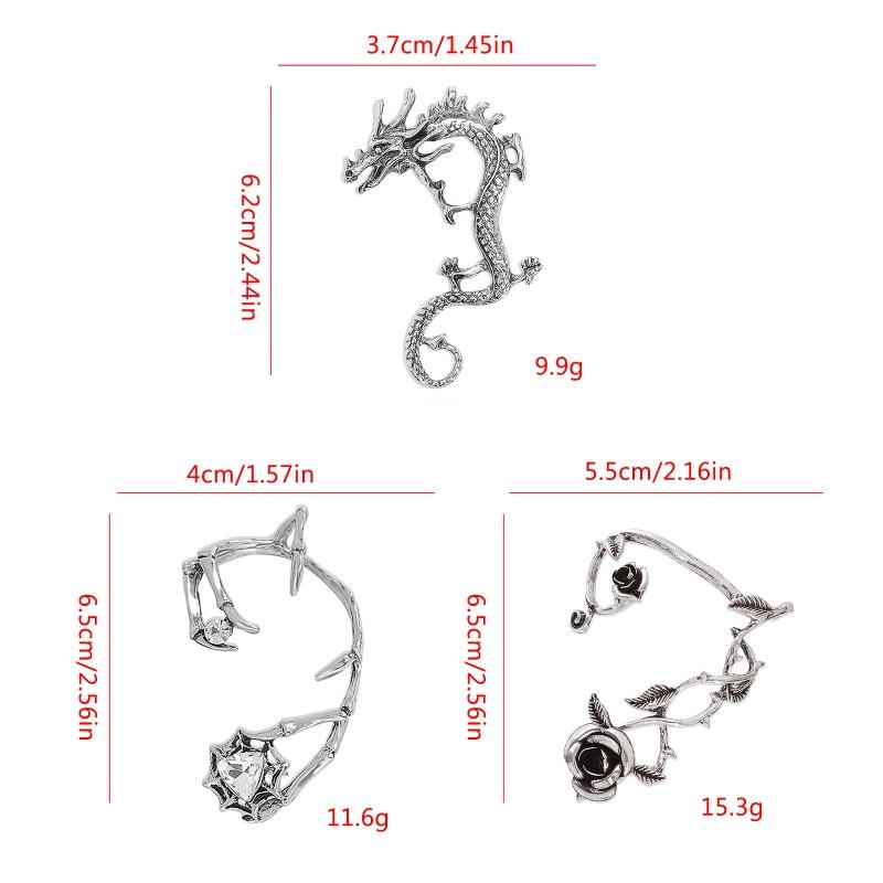 Pendientes estilo punk vintage con forma de dragón retro, aretes trepadores de orejas de rosa, aretes góticos con clip para las orejas, para mujeres y hombres, para fiestas