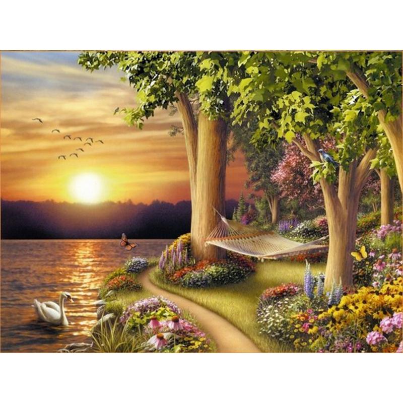 Pictură cu diamant 5D DIY Lake Full Drill Broderie cu diamante Poză din copac cu strasuri Peisaj Cucitură Decor de perete