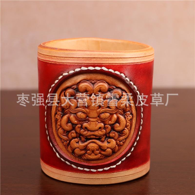 First Layer Cowhide Lion Head Pen Holder Storage Box Office Desktop Retro Pen Holder Ornament Creative Birthday Gift One size fits all красный