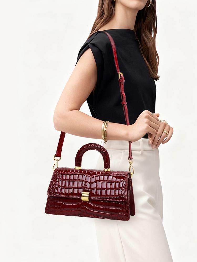 Wine Red Crocodile Pattern Handbag, Glossy Small Square Bag, Suitable for Commuting and Dating