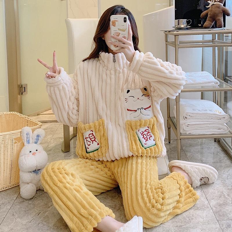 Cozy Coral Fleece Flannel Striped Loungewear for Plus Sizes (up To 220 Lbs) - Cute and Warm for Autumn and Winter