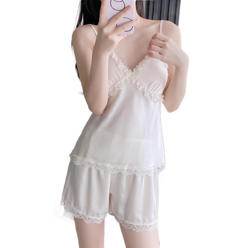 Women's Summer Ice Silk Lace Trim Pajama Set with Chest Pads