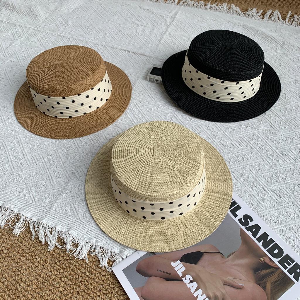 French Polka Dot Flat Top Straw Hat Women's Summer Seaside Vacation Beach Hat Sunshade Sunscreen Hemming Top Hat Sun Hat
