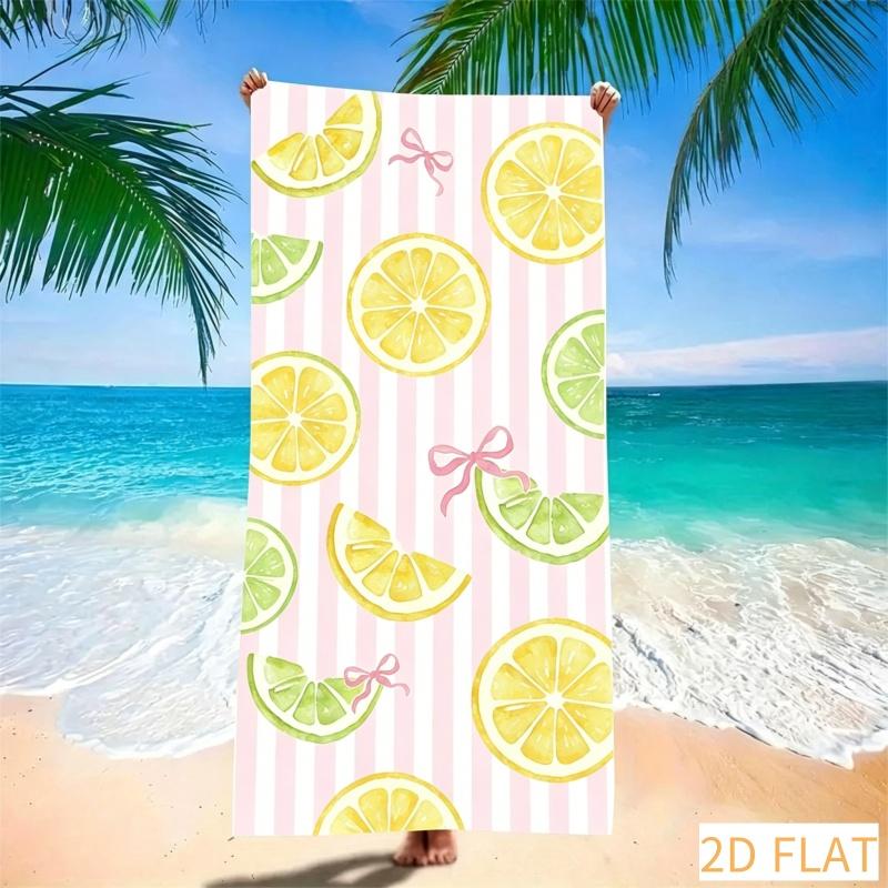 Pink Striped Lemon Beach Towel - Super Absorbent Quick Dry Microfiber With Cute Bow Print Soft Sand-Free Blanket For Picnic