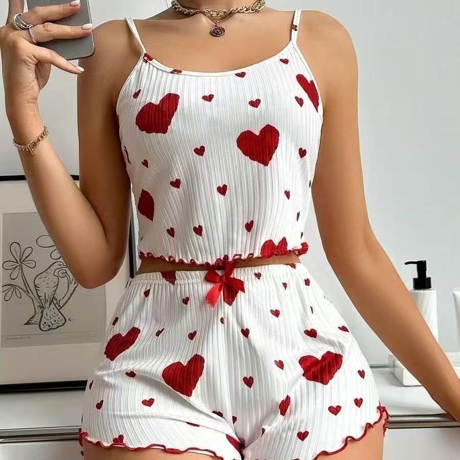 

European & American Strawberry Print Women s Pajama Set - Ribbed Camisole & Shorts M