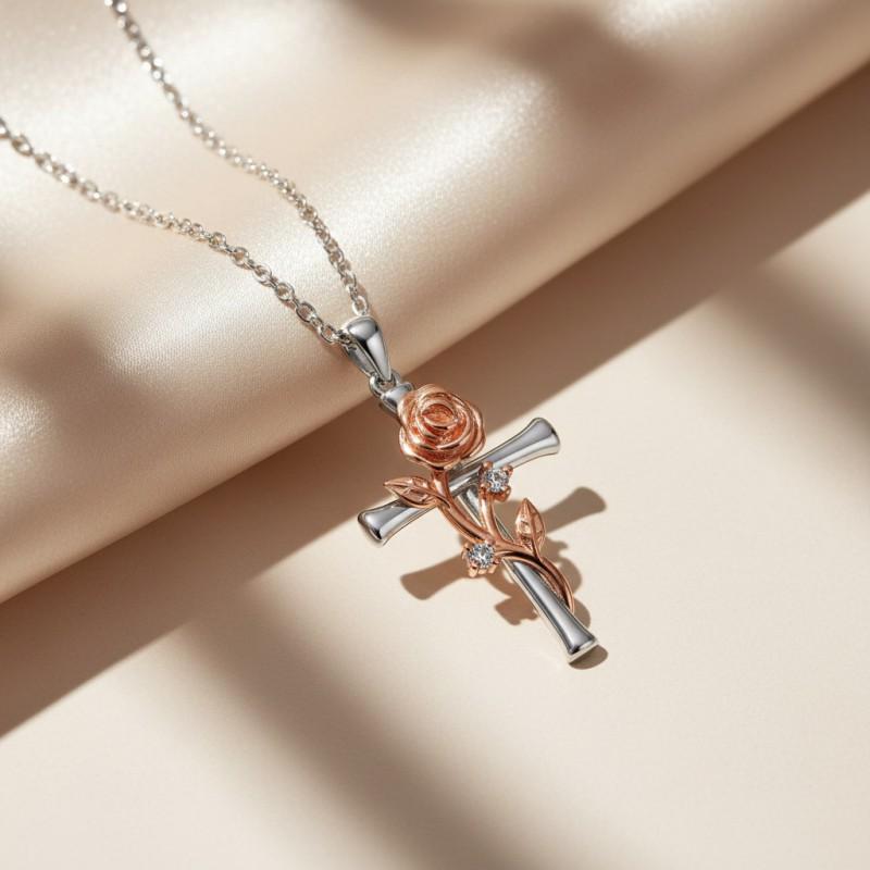 Elegant Rose Cross Pendant Necklace Women Lightweight Copper Jewelry With Gold Plating Daily Wear Fashion Accessory