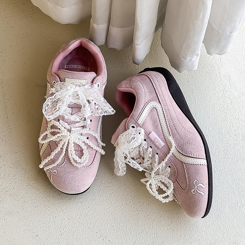 

Нишевые ретро розовые туфли на тонкой подошве с бантом мужская пара шнурков универсальные спортивные и повседневные на плоской подошве для пары немецкие тренировочные туфли Female size 35 розовый