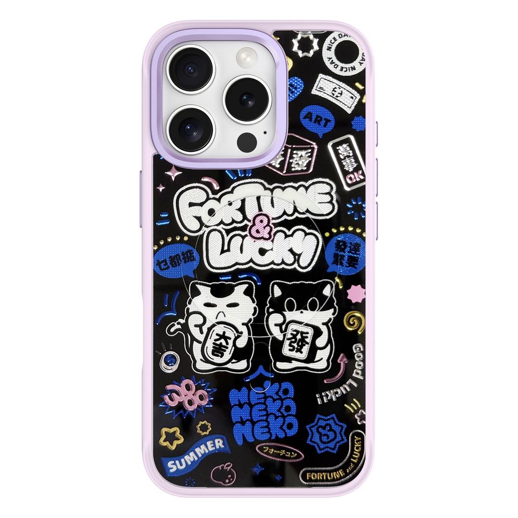 For iPhone 16 Pro Magnetic Case TPU PC Phone Cover with Detachable Blue Lucky Cat Backplate