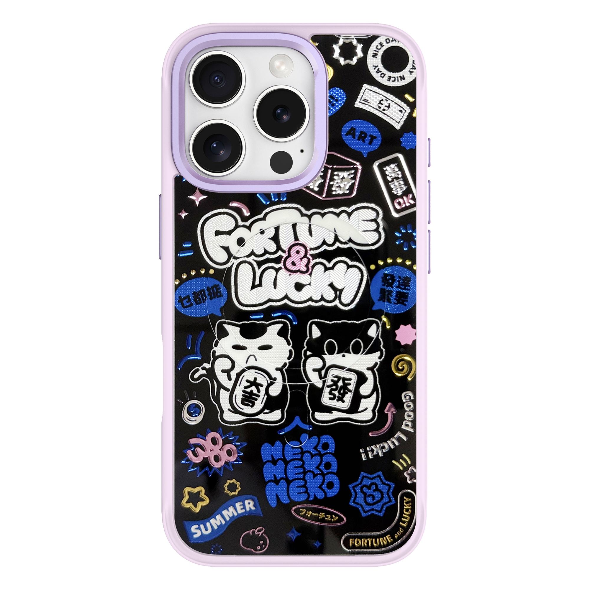 

For iPhone 16 Pro Magnetic Case TPU PC Phone Cover with Detachable Blue Lucky Cat Backplate Purple