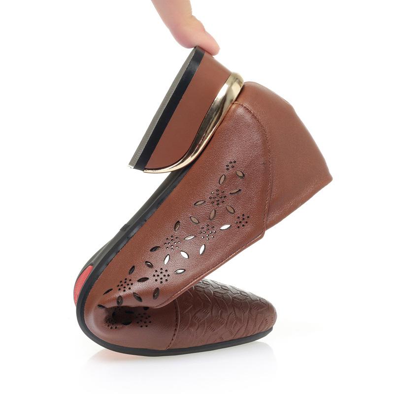 Plus Size 35-43 Breathable Cutout Floral Genuine Leather Shoes Women Flats 2025 Spring Summer Square Heels Shoes for Mom Daily