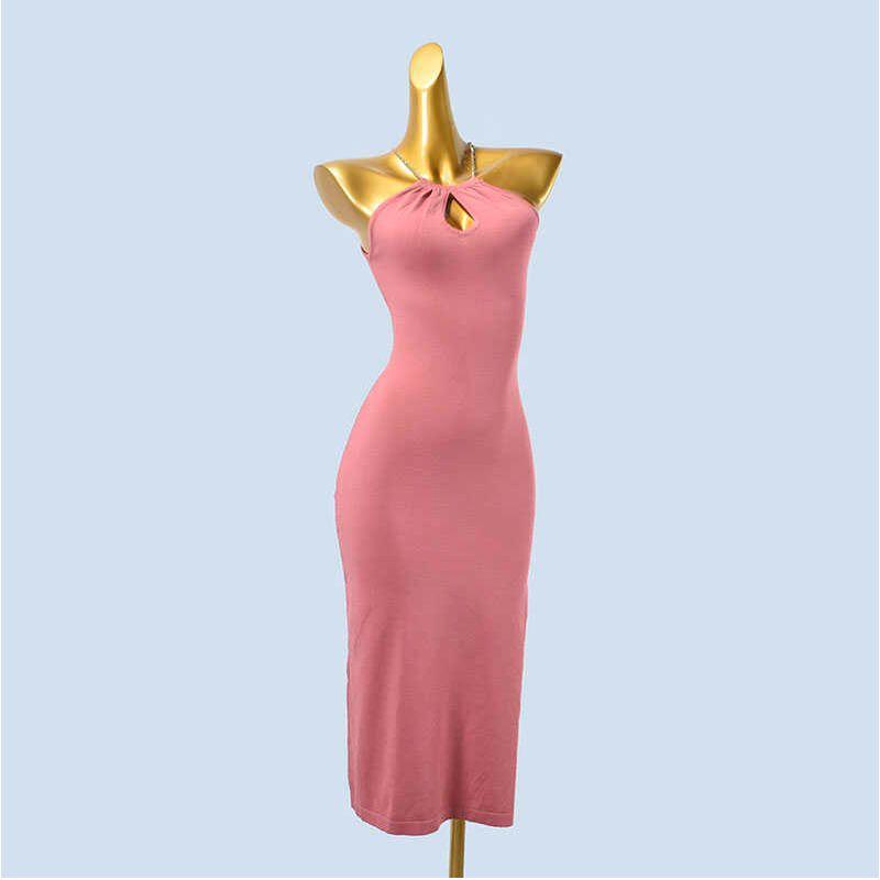 Sexy Sweet and Spicy Pleating Hanging Neck Metal Chain Backless Solid Sleeveless Knitted Ice Silk Vest Dress Summer