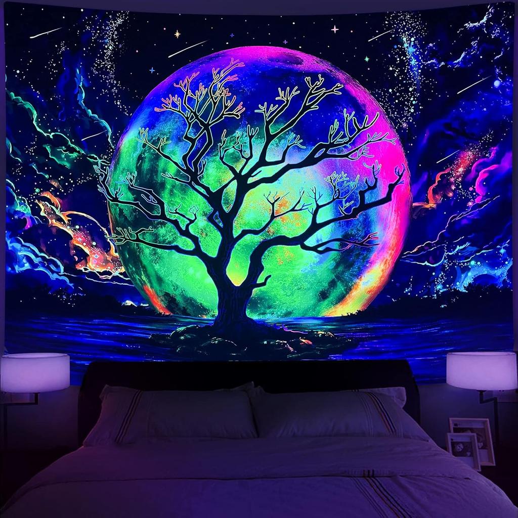 Faxdong Blacklight Moon Tapestry, UV Reactive Tree Lake Colorful Starry Night Galaxy Space Clouds Wall Tapestry for Bedroom Decor 36×48 Inch
