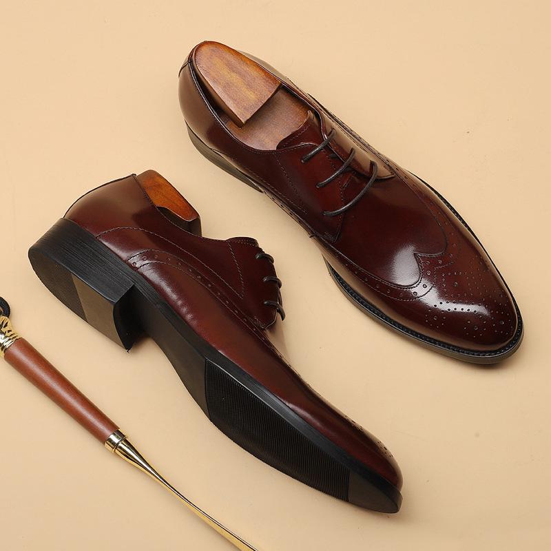 Spring and Summer British Bullock Youth Leather Shoes Men's Carved Feet Lace-up Business Leisure