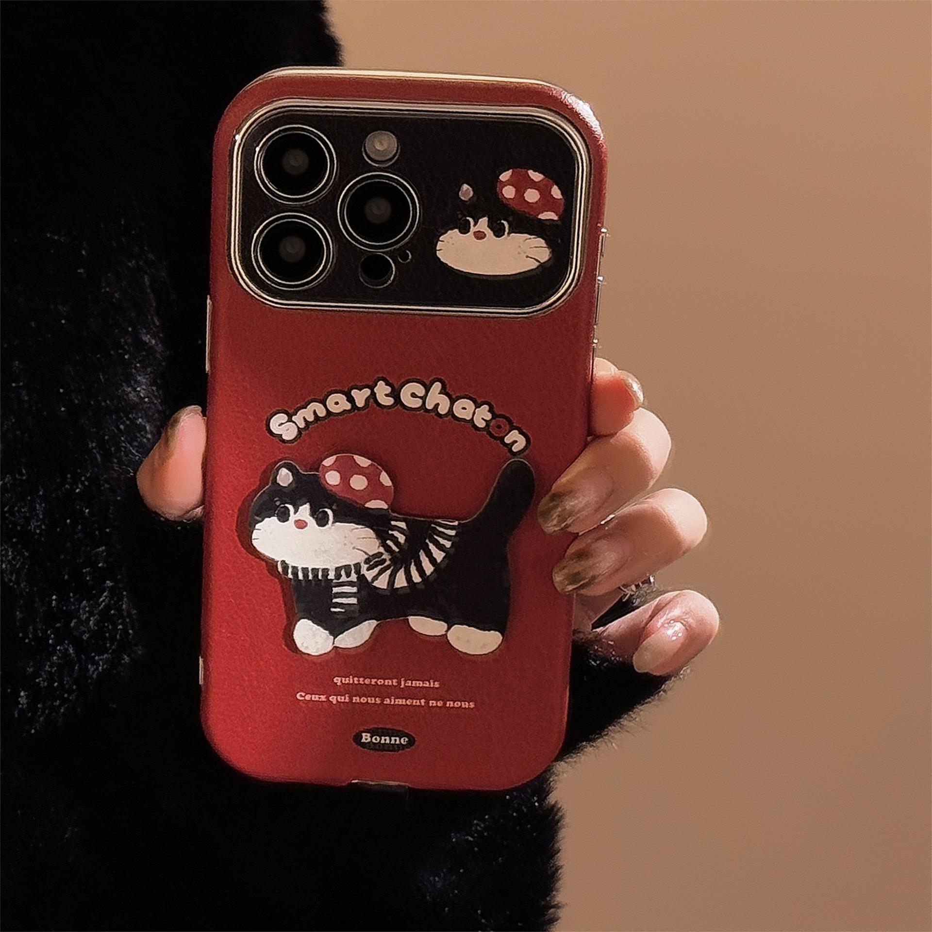 

Red Cartoon Cat Suitable for 16pro Max IPhone Case IPhone 15 Leather Cartoon 14 Hanging Chain 12pro (6.1)