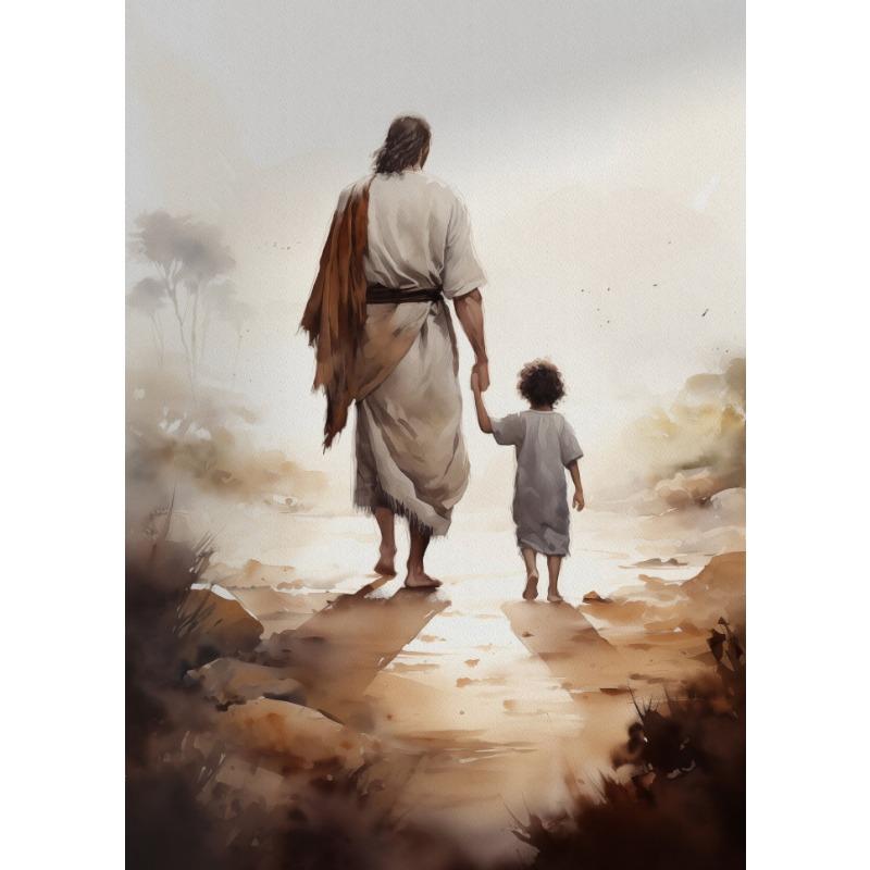 Jesus Christ Walking with A Child,poster Bible Art Canvas Painting Christian  Wall Art Picture for Living Room Home  Decor
