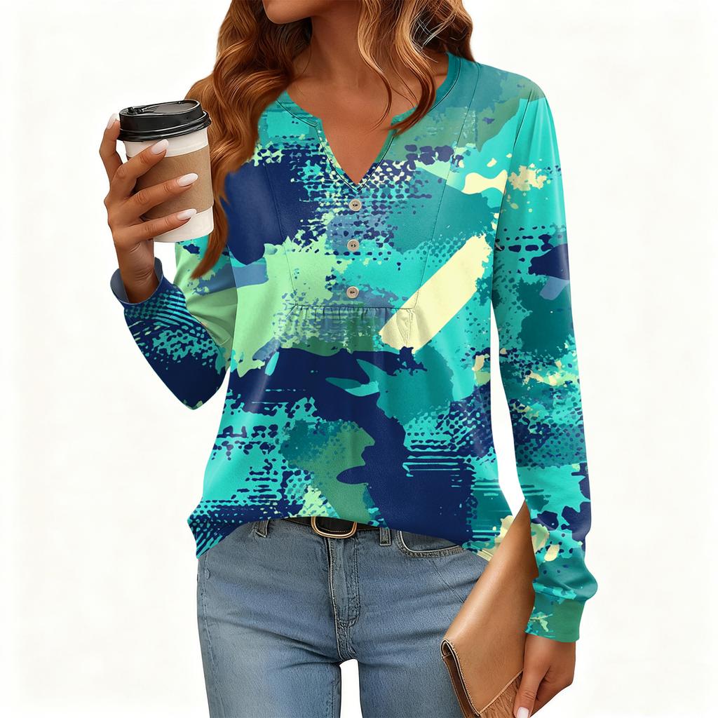 Γυναικείο Χαλαρό, V-λαιμόκοψη, Ρετρό Χρώμα, Μπλοκ με Φλοράλ Σχέδιο, Μακρυμάνικο Πουλόβερ T-shirt