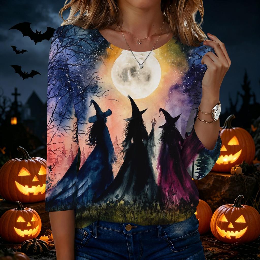 Women's Casual Halloween Print Neck 3/4 Sleeve T-Shirt Top
