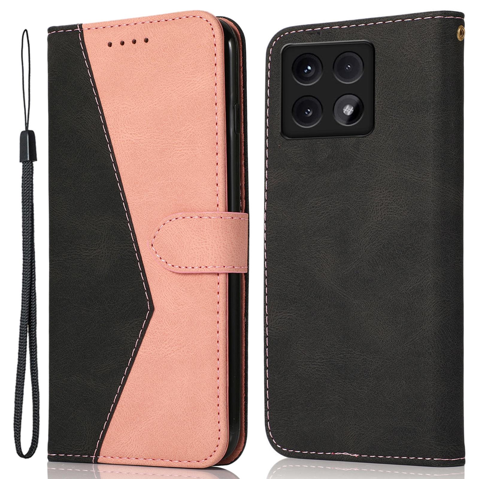 

Для Xiaomi 14T Чехол Кожаный Чехол-кошелек с подставкой и цветовой вставкой с ремешком на запястье Black+Rose Gold