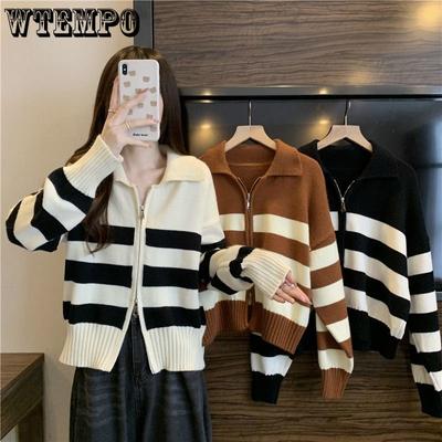 Contrasting Striped Polo Neck Zipper Lazy Wind Retro Sweater Knit Top Women's Spring Style