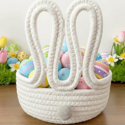 Cartoon Rabbit Storage Basket Cotton Rope Large Capacity Easter Bunny Basket Hand Woven Decorative Snacks Organizer Basket