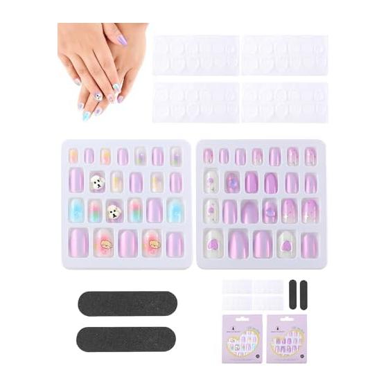 Phinus Nail Tips False Nails for Children 48 Pieces Stylish Short Cute Character Mine Type Popular Japanese Style False Nails Small Nails Nail