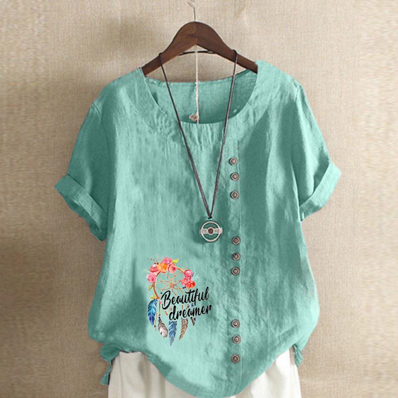 Women's Fashion Feather Letters Prined Short Sleeve T-shirt Loose Cotton Shirt Casual Loose Summer Blouse Tops Plus Size