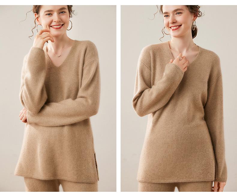 Women's Cashmere V-Neck Mid-Length Slit Sweater, Solid Color, Autumn/Winter Loose Fit