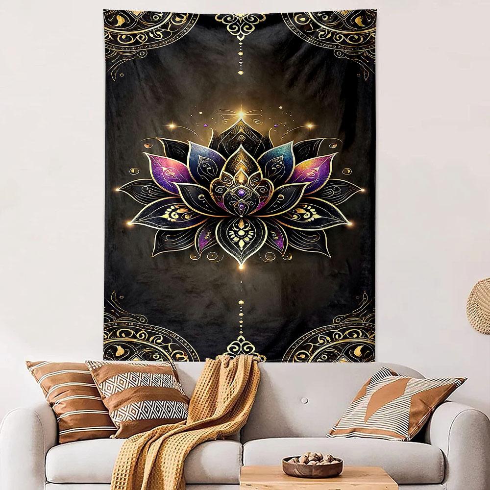 Lotus Mandala Wall Tapestry Black Gold Purple Flower Ornate Spiritual Decor for Yoga Room Bedroom Living Gift