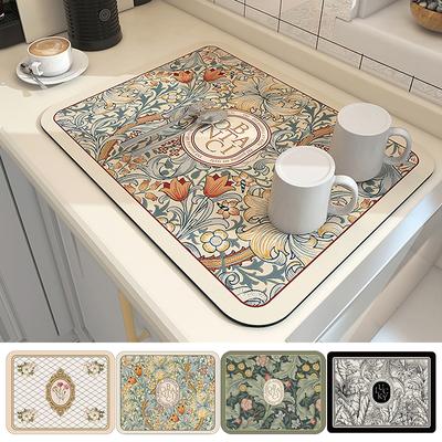 Printed Dish Drying Mat Super Absorbent Coffee Drain Pad Rubber Tableware Draining Pad Quick Dry Rug Kitchen Dinnerware Placemat