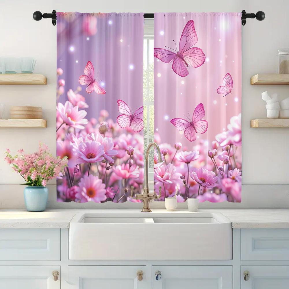 2pc    Window Drapes Butterfly Fantasy Pink Versatile 100% Polyester  Without Electricity Festive Wall Decor Suitable for