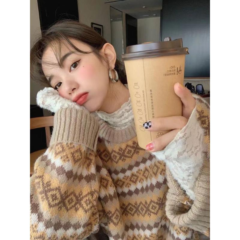 Autumn and Winter Warm Daily Loose Knitted Sweater Female Retro Casual Diamond Plaid Sweater Female