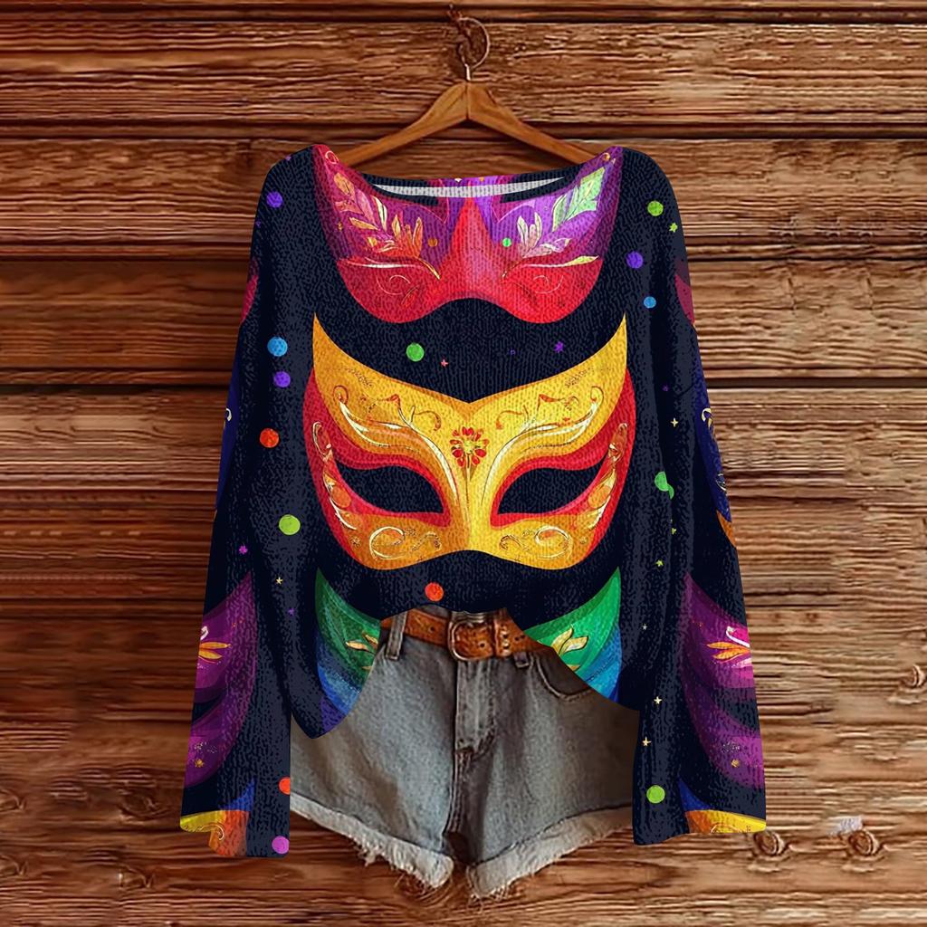 Damen Casual Mode Rundhals Oberteil Karneval Print Langarm Strickpullover