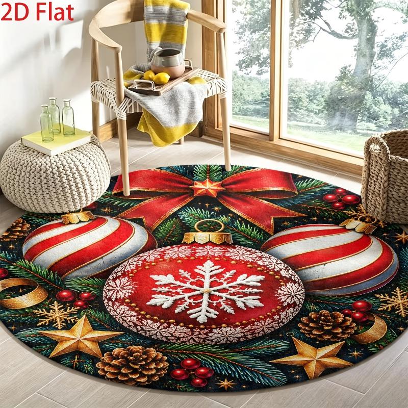 Round Area Rug 2D Flat Christmas Ball Pattern Carpet Flannel Soft Fluffy Cozy Living Room Table Floor Pad Decor