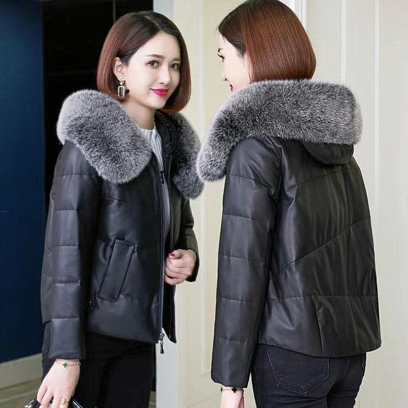 Leather jacket women's short new down cotton-padded jacket imitation fox fur collar hooded with cotton fur cotton-padded jacket