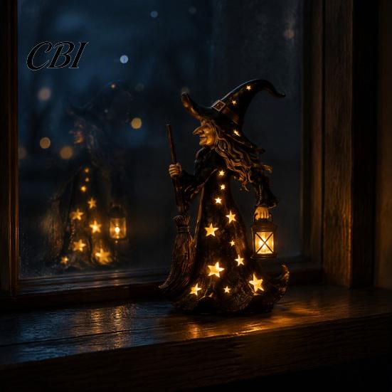 Vintage Theme Party Prop Halloween Witch Figurine with Star Light, Resin Tabletop Nightlight Lantern, Rustic Festive Desk Accessory Wizard Hat