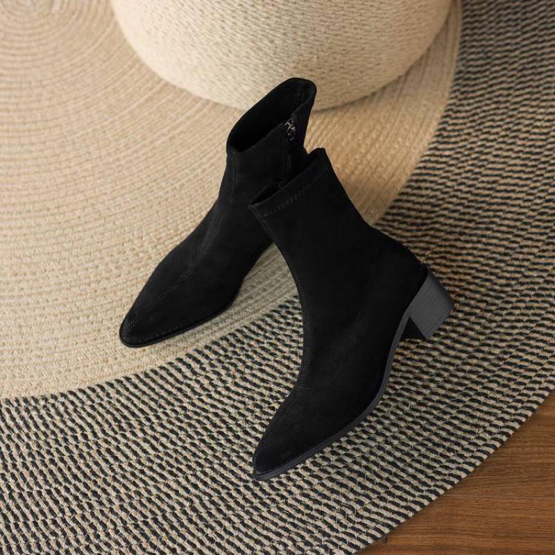 New Comfortable Rubber Sole Pointed Large Size Women's Boots Solid Color Elastic Suede Square Heel Medium Tube Boots Autumn and Winter Martin Boots Wo