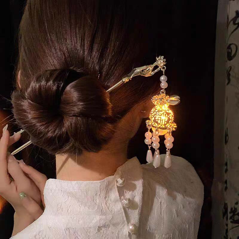 Chinese Rabbit Lantern Hair Pin Clips Hair Sticks LED Light Hair Accessories for Women Kids Retro Lotus Flower Tassel Headpieces