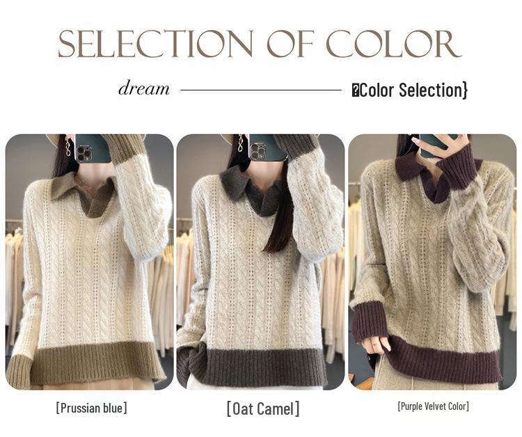 Women's V-Neck Color Block Wool Sweater - Autumn/Winter 2024, Thick Cable Knit, Short Sleeve