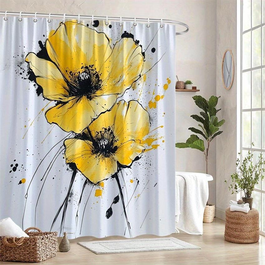 1Pc Modern Watercolor Yellow Poppy Shower Curtain - Polyester Fabric, Machine Washable, Suitable For Bathroom Decoration