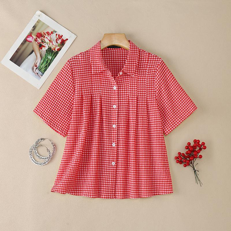 

ZANZEA Women Casual Turn Down Collar Loose Short Sleeve Plaid Print Blouse S красный