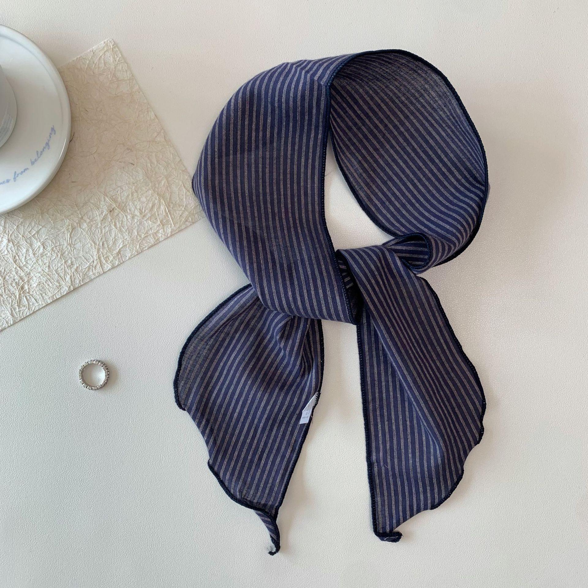 Retro literary striped linen small silk scarf Korean niche design thin ribbon spring and summer simple and versatile scarf women 10-100